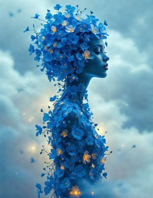 The primary subject of the image is a woman with a blue flower crown on her head. She is surrounded by a beautiful blue flower garden, which includes blue flowers and blue leaves. The setting is a cloudy sky, creating a serene and dreamy atmosphere. The visual style of the image is a digital art or illustration, showcasing the woman's unique and artistic appearance. The dominant colors in the image are blue, creating a calming and peaceful mood.